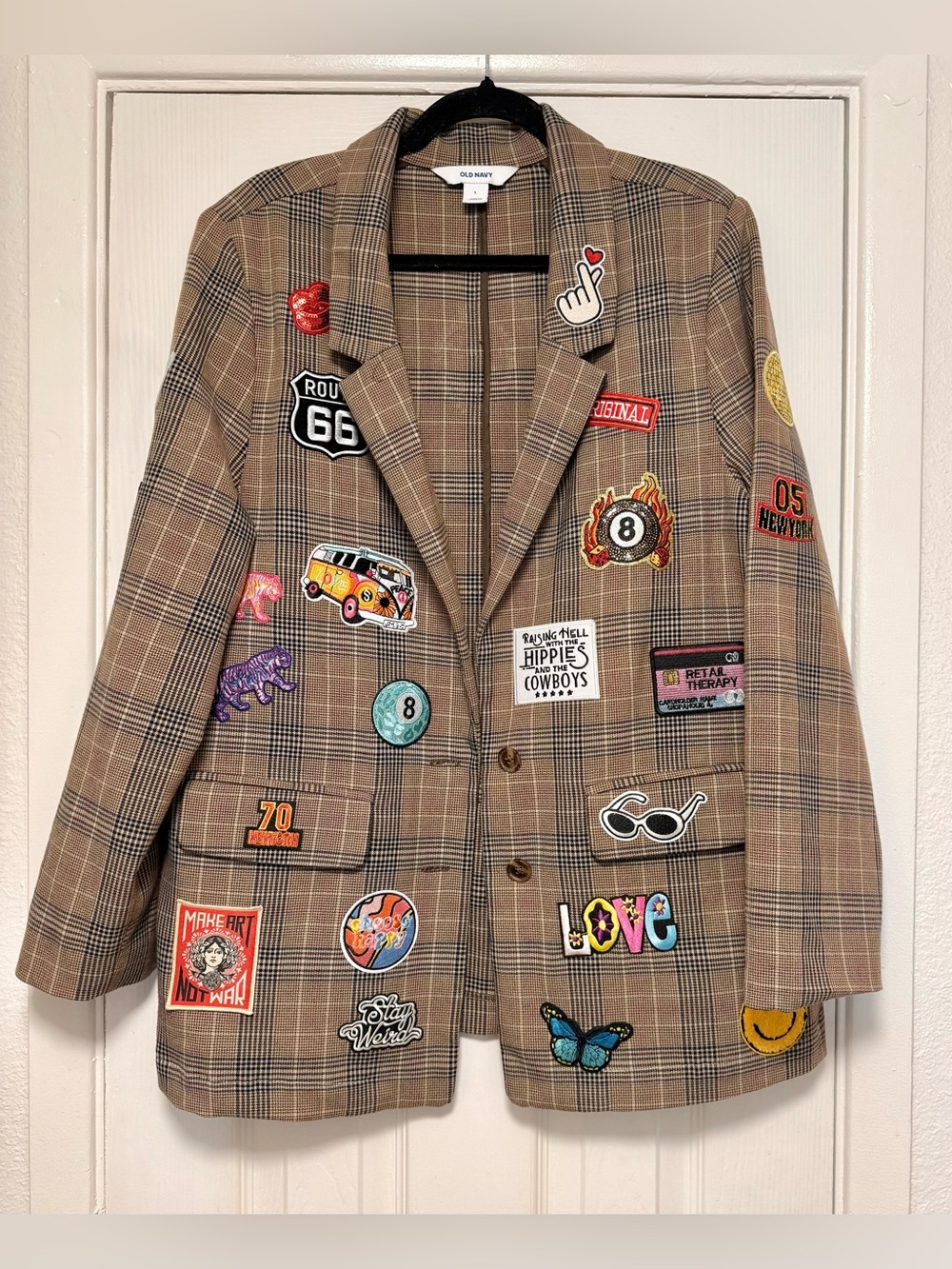Old Navy Tan Plaid Blazer with Colorful Patchwork - Picture 10 of 12